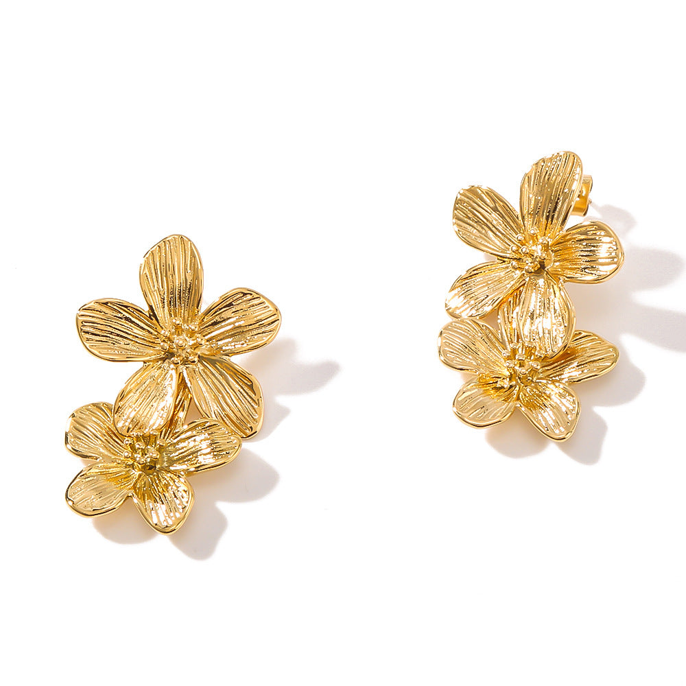 Orecchini pendenti da donna stile vintage francese placcati oro 18 carati in acciaio inossidabile a forma di fiore e foglia