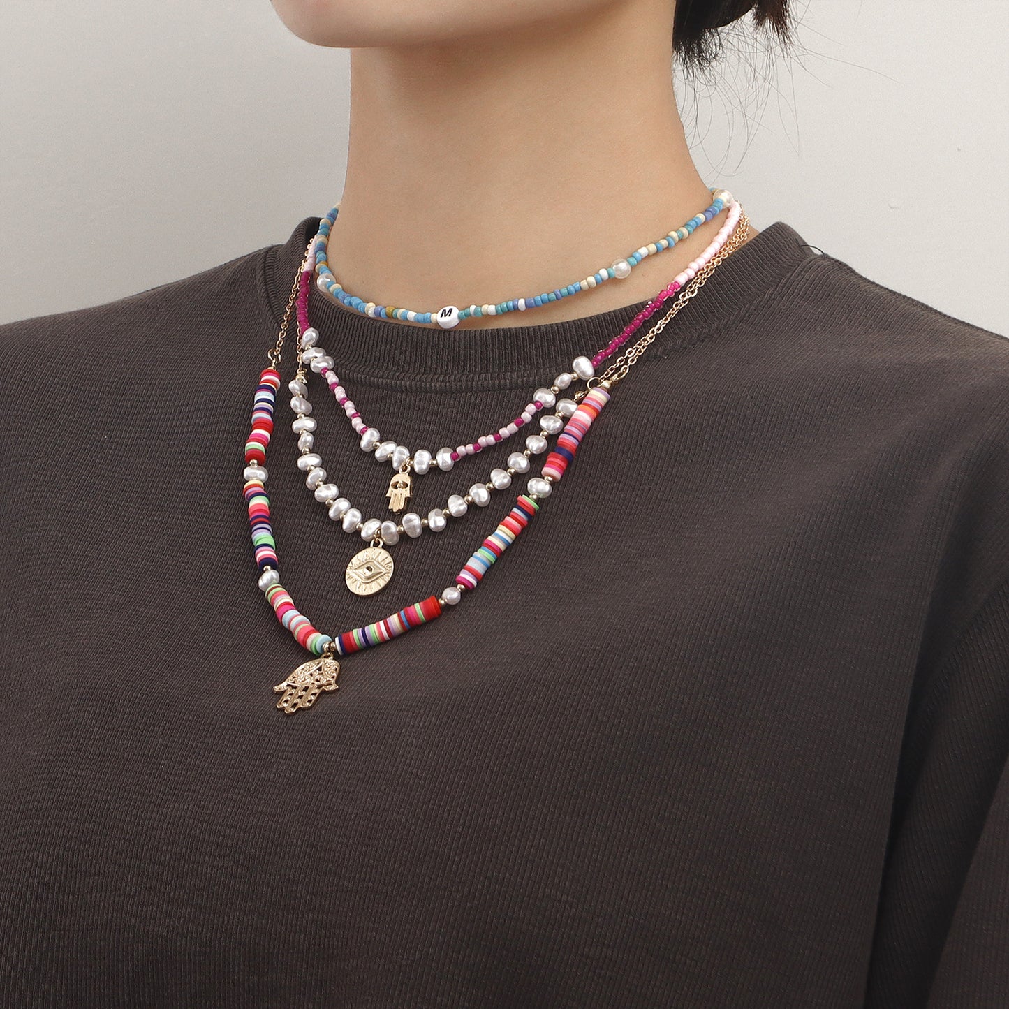 Bohemian Style Hand of Fatima Pendant Necklace for Women with Alloy Base Electroplated Finish and Colorful Polymer Clay Beads
