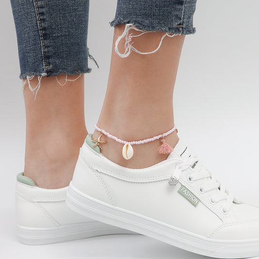 Tobillera Geométrica de Aleación Estilo Bohemio con Cuentas de Semillas Coloridas y Borla para Mujeres Diseño de Conchas y Estrellas de Mar para la Playa