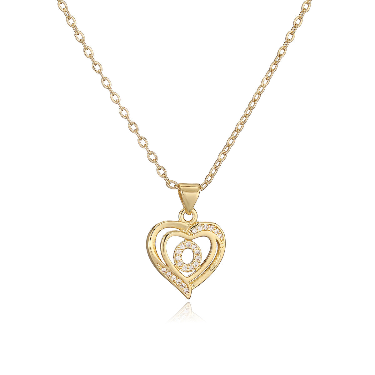 Collana con Pendente Minimalista in Rame, Placcatura in Oro 18K e Dettagli in Zircone a Forma di Cuore e Lettera per Donne
