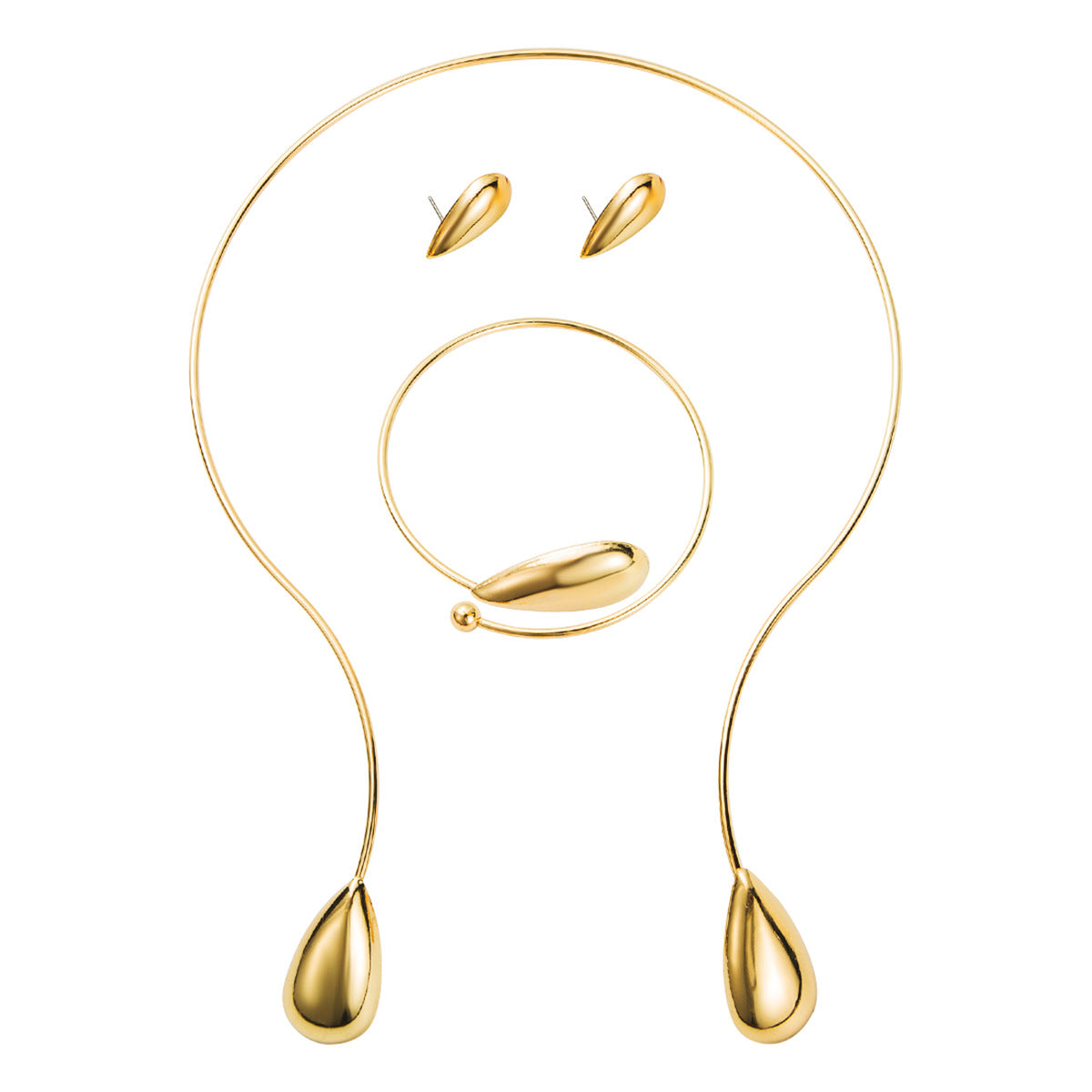 Juego de gargantilla, pulsera y pendientes metálicos geométricos minimalistas en forma de lágrima con acabado galvanizado para mujer