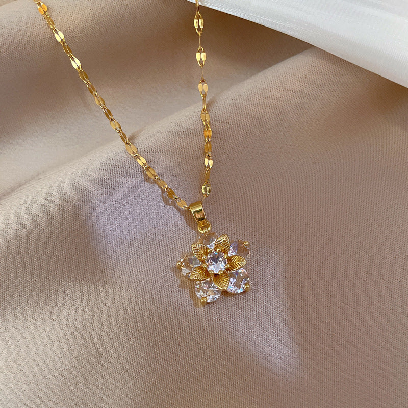 Cartoon-Style Geometric Snowflake Zircon Pendant Necklace for Women in Titanium Steel with Micro-Pavé Setting and Clavicle Chain