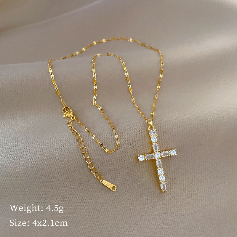 Collar de lujo con colgante de cruz de acero de titanio con diamantes de imitación para mujeres y hombres, patrón de luna