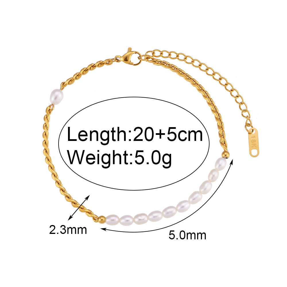 Tobillera Minimalista Geométrica de Perlas de Agua Dulce para Mujer con Zirconia Microincrustada en Cadena de Cuerda de Cáñamo