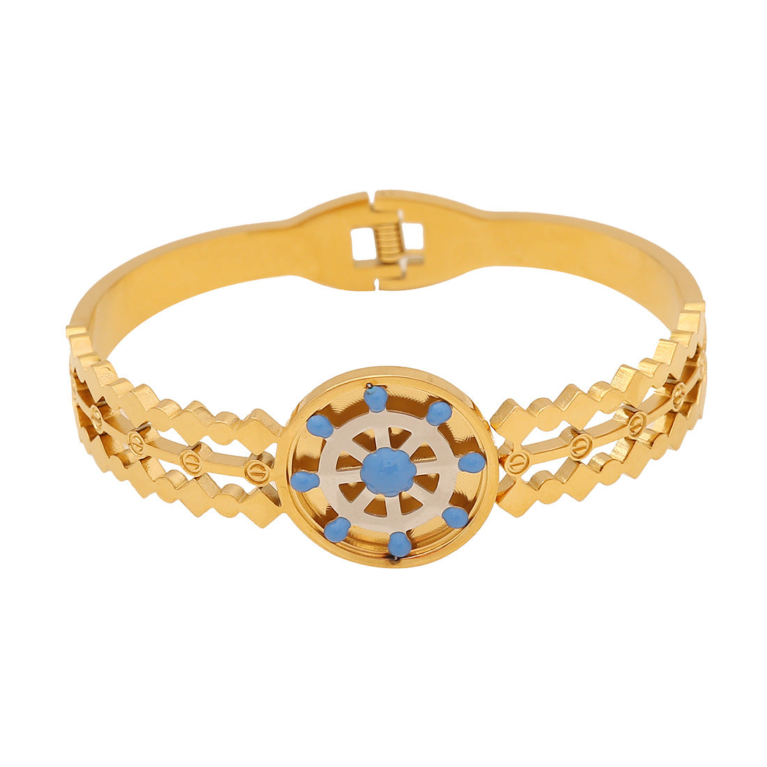 Bracciale rigido minimalista "Albero della Vita" con design floreale e ancora in acciaio inossidabile placcato oro