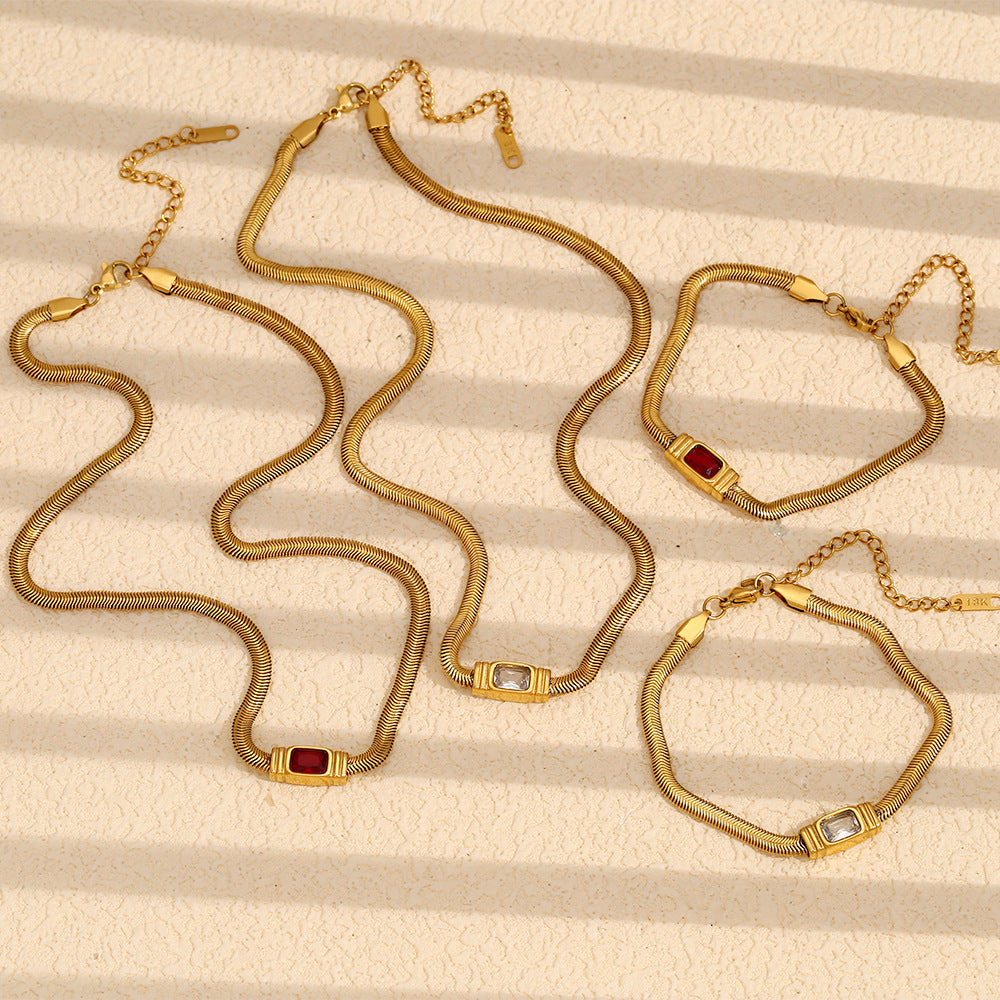 Vintage Hip Hop Geometric Stainless Steel Plated 18K Gold Snake Chain Necklace with Zircon Accents for Women
