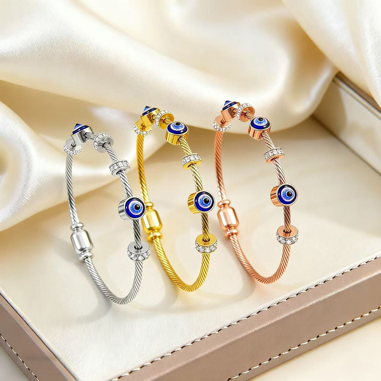 Vintage 18K Gold Plated Titanium Steel Drip Oil Evil Eye Bracelet with Rhinestones