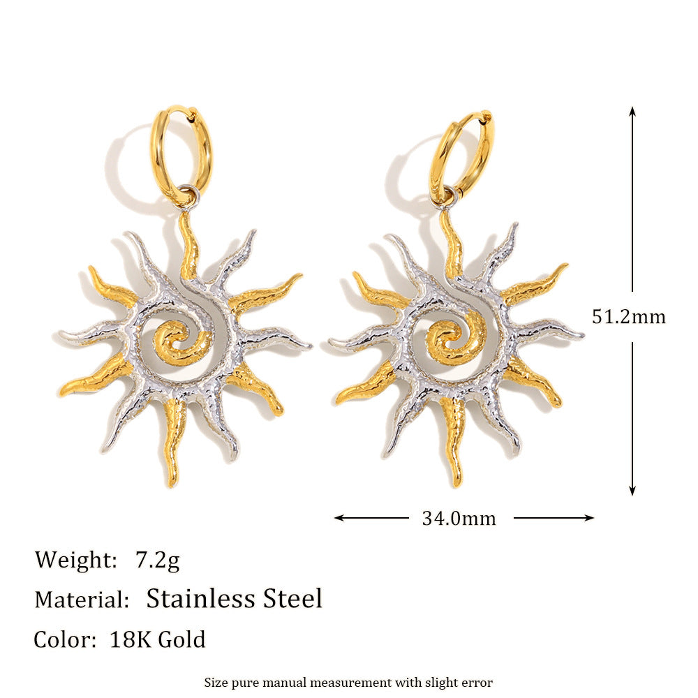 Orecchini da donna alla moda in acciaio inossidabile a forma di sole geometrico con placcatura in oro 18 carati
