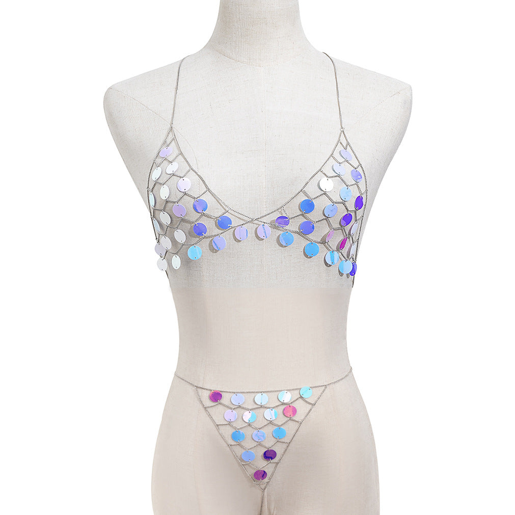 Catena Minimalista con Nappe per il Corpo da Donna in Metallo con Paillettes Colorate e Design Ispirato alla Spiaggia