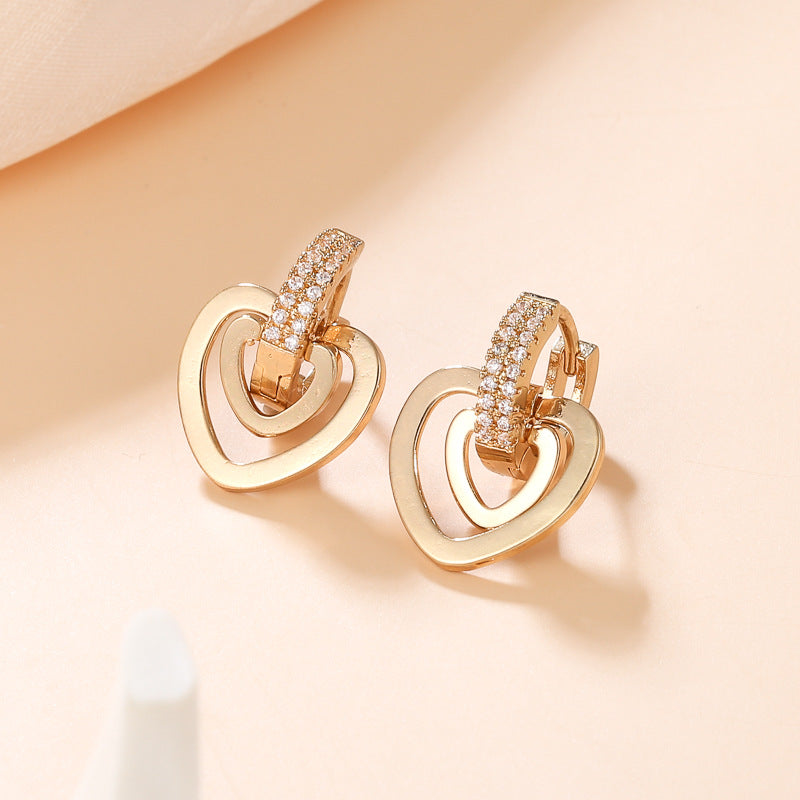 Pendientes de Cobre de Doble Capa con Forma de Corazón, Minimalistas de Lujo, con Baño de Oro de 18K e Incrustaciones de Pedrería para Mujer