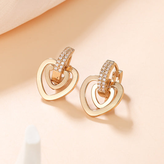 Pendientes de Cobre de Doble Capa con Forma de Corazón, Minimalistas de Lujo, con Baño de Oro de 18K e Incrustaciones de Pedrería para Mujer