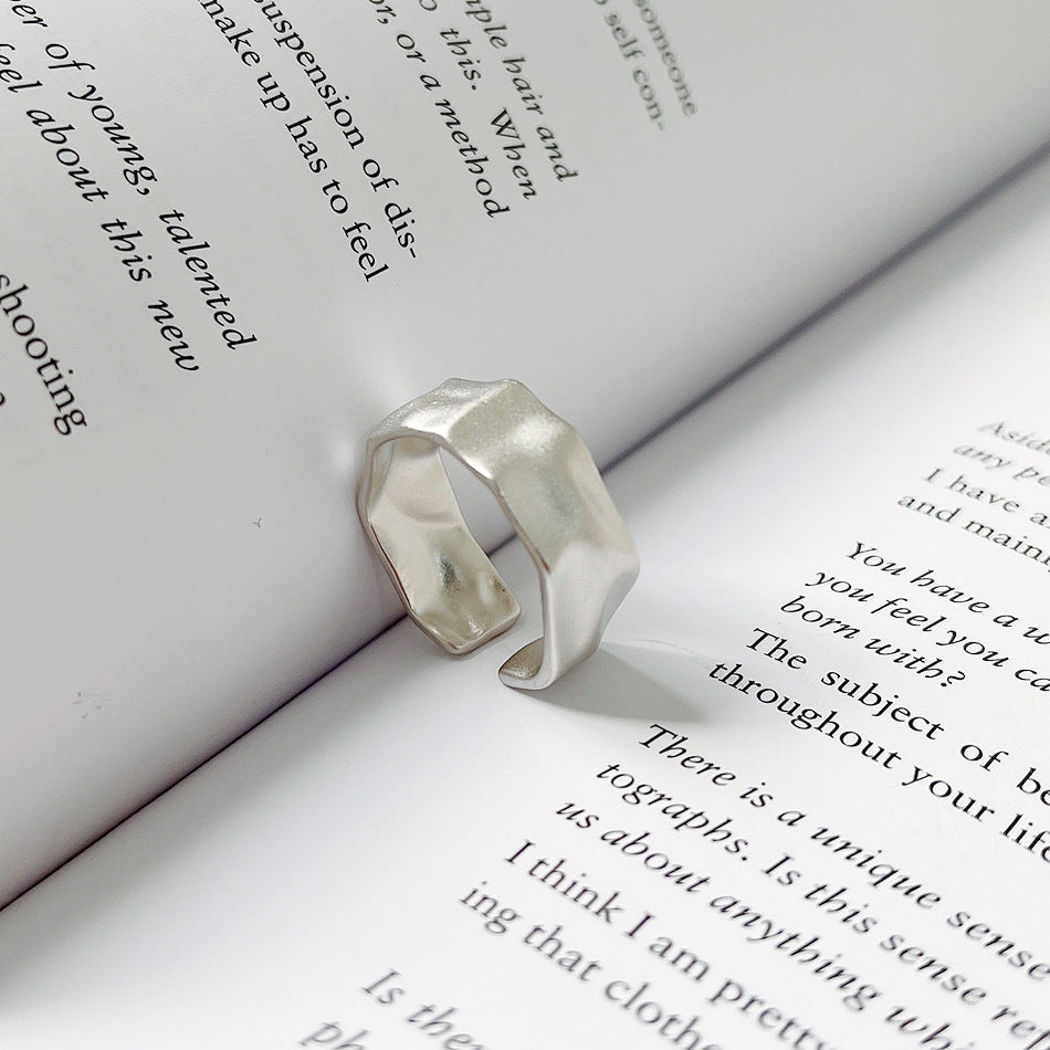 Minimalist 925 Sterling Silver Geometric Matte Plated Irregular Open Ring for Women