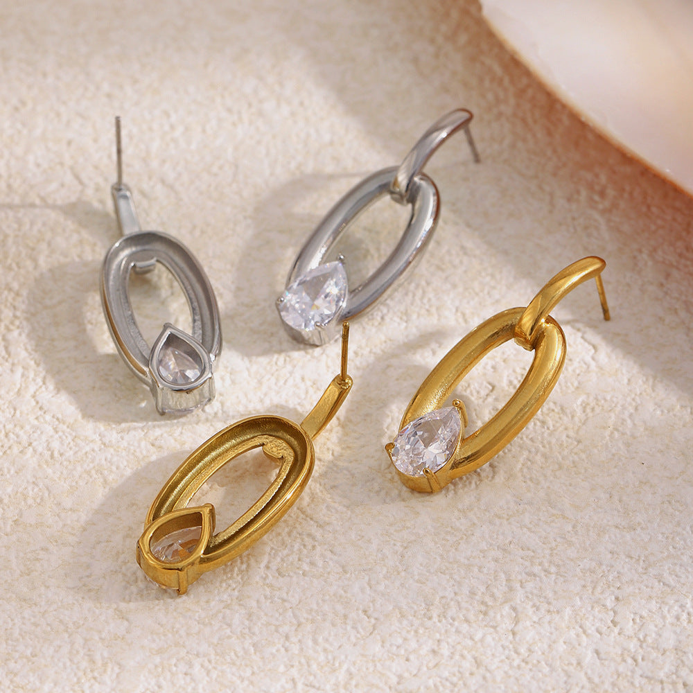 Minimalist Luxury 18K Gold Plated Stainless Steel Oval Teardrop Geometric Cubic Zirconia Earrings for Women