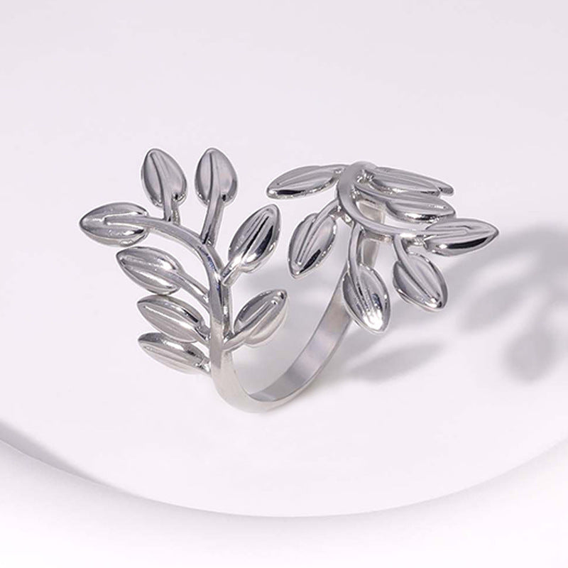 Anello aperto da donna a foglia in stile naturale in acciaio al titanio con finitura placcata e struttura in acciaio inossidabile resistente alla ruggine