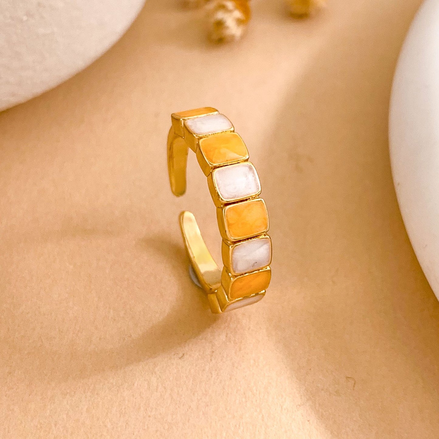 Minimalist Sweet Square Geometric Enamel Gold Plated Brass Ring for Women Adjustable