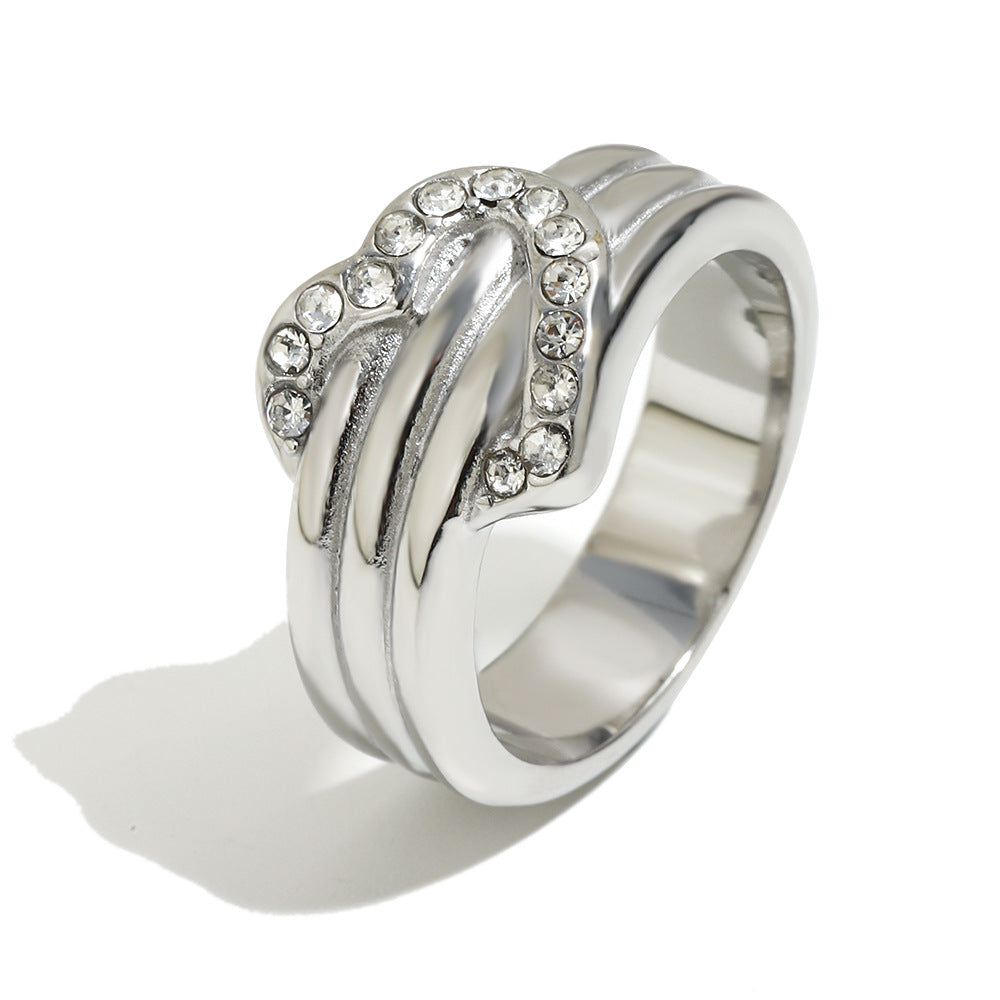 Minimalist Luxury 18K Gold Plated Stainless Steel Heart Rhinestone Ring for Women