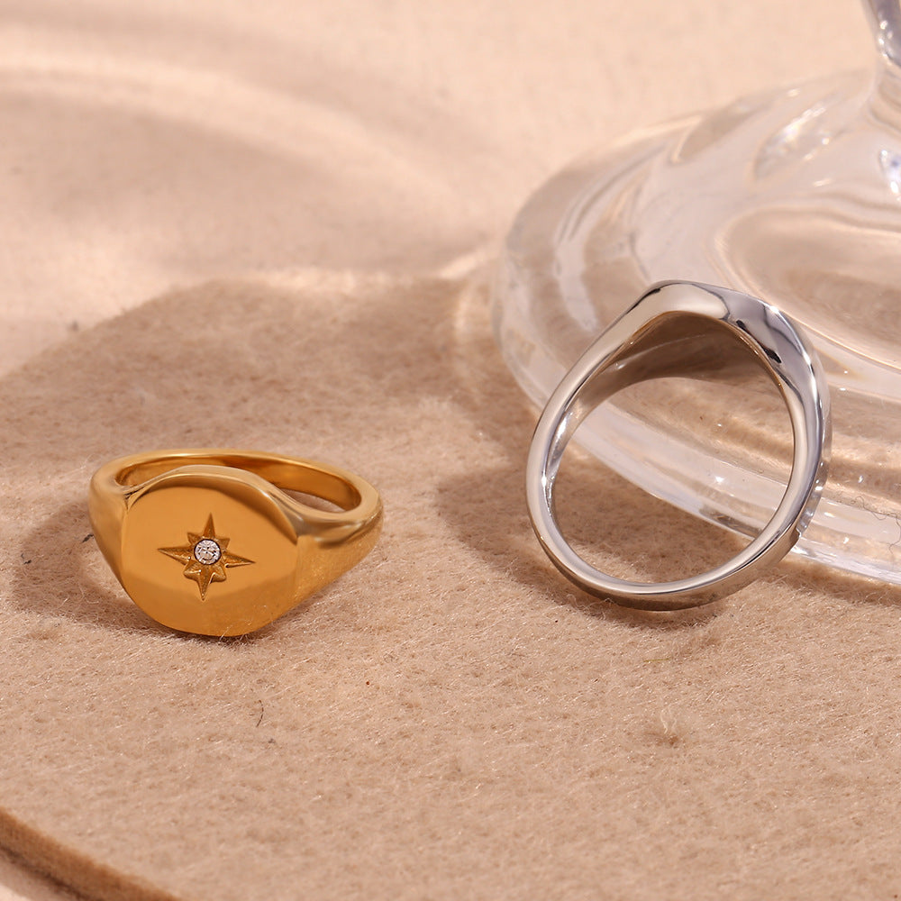 Minimalist Geometric Stainless Steel Ring with 18K Gold Plating Featuring Octagram Star Seal Design for Women