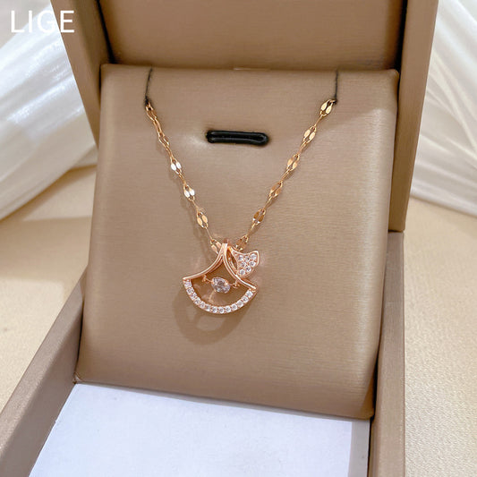 Sweet Elegant Ginkgo Leaf Plant Shape Rhinestone Inlay Titanium Steel Necklace with Cable Chain for Unisex