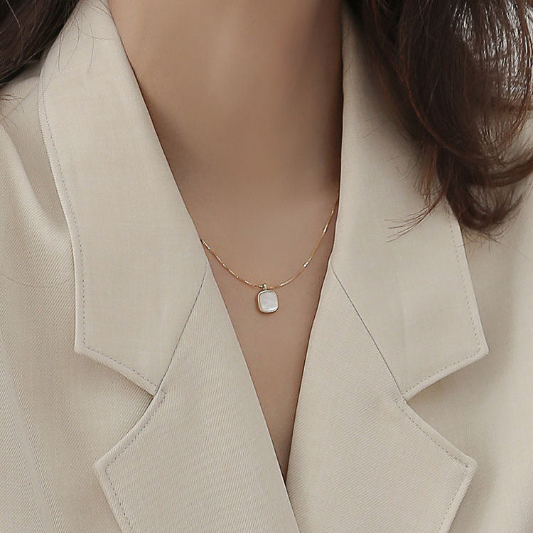 Minimalist Square Mother-of-Pearl Pendant Necklace for Women in Titanium Steel with Plated Finish and Box Chain