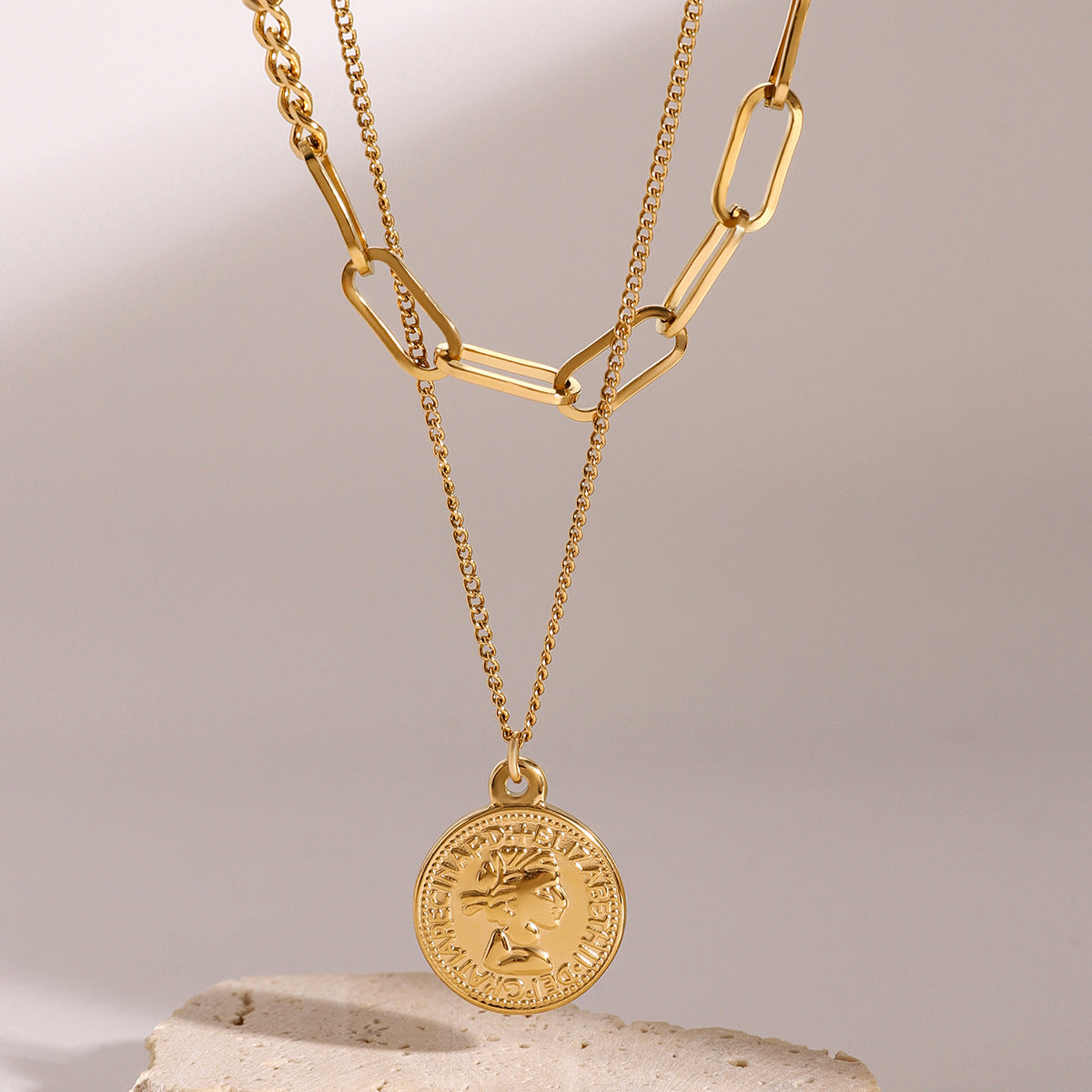 Gold Plated Stainless Steel Multi-Layer Cartoon Pendant Necklace for Women