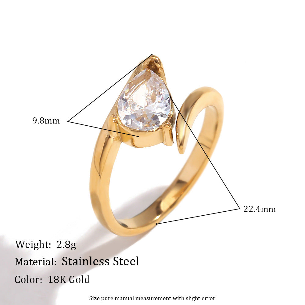 Anillo de gota de circón blanco con forma de ala geométrica creativa para mujer en acero inoxidable con chapado en oro de 18 quilates