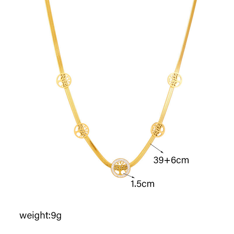Collar con Colgante Redondo Hueco Minimalista Vintage del Árbol de la Vida en Acero de Titanio con Acabado Chapado en Cadena de Serpiente para Mujer