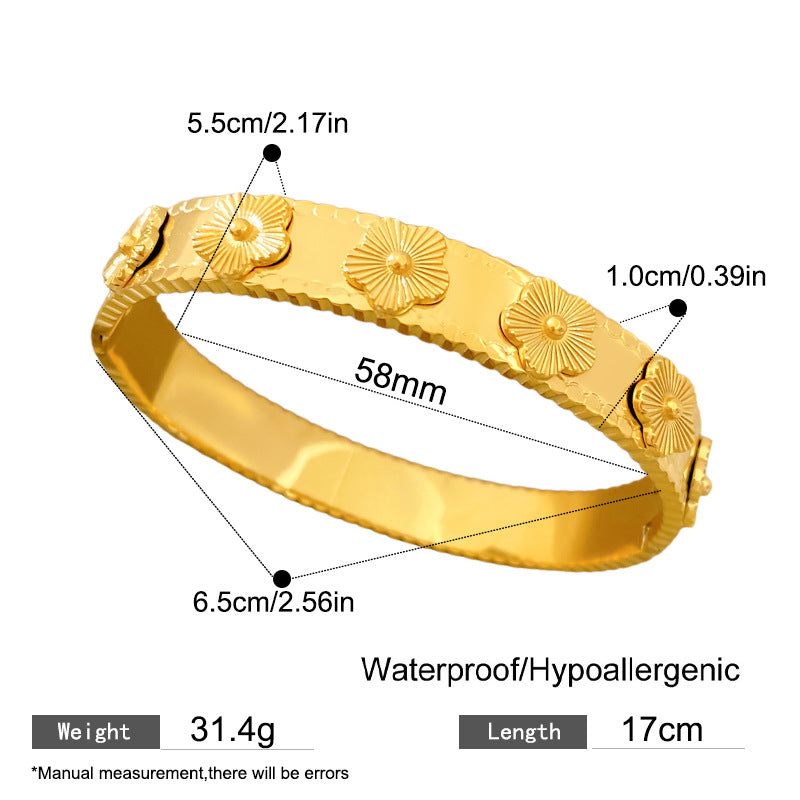 Five-Color Brushed Geometric Clover 18K Gold Plated Titanium Steel Open Cuff Bracelet for Women