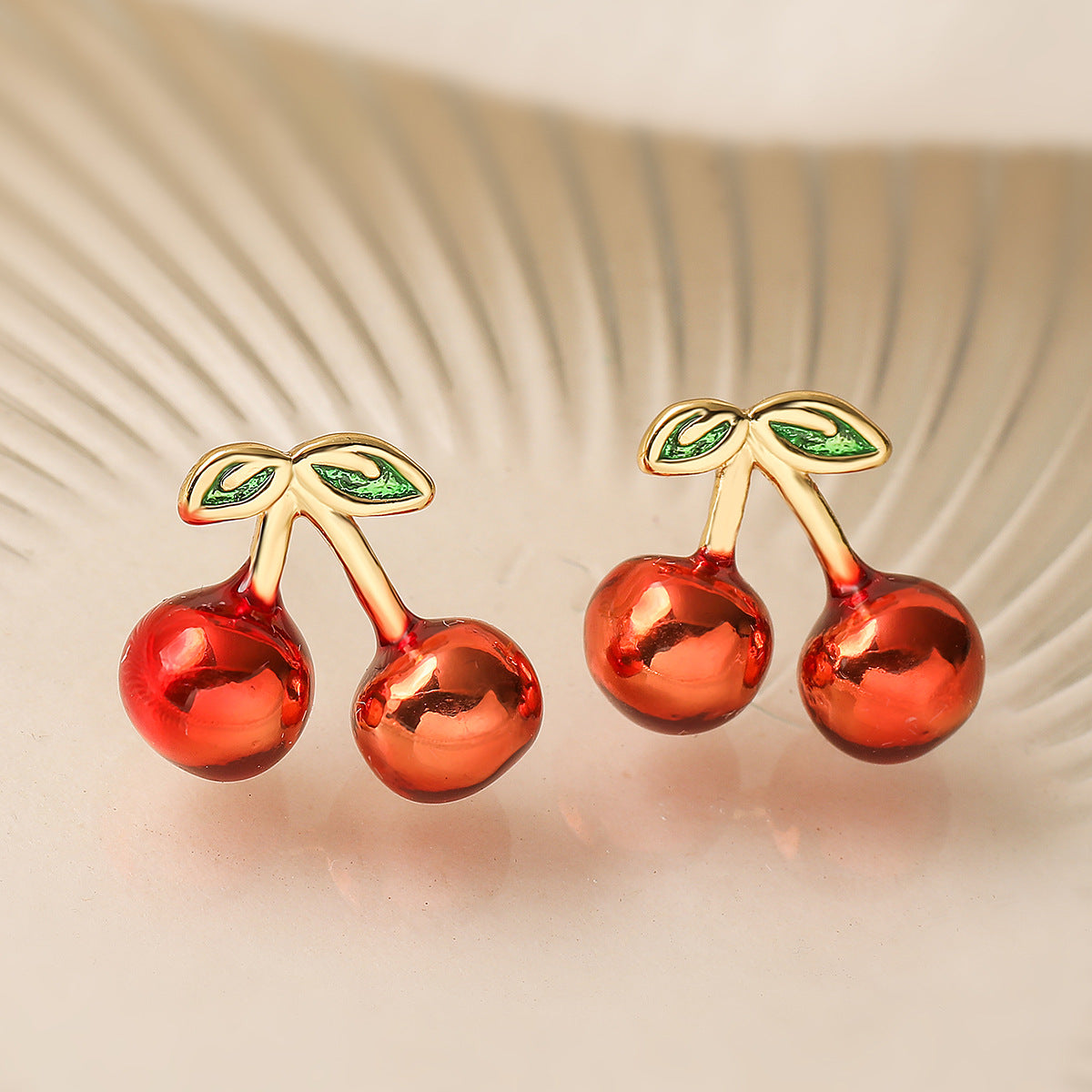 Minimalist Cherry-Shaped Pendant Necklace Set with Copper Base Plated in 18K Gold and Enamel Finish, Featuring Zircon Inlay and Irregular Design for Women