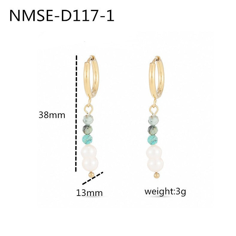 Pendientes de Acero de Titanio en Forma de I, Minimalistas y Elegantes para Mujer, con Acentos de Turquesa Natural y Perlas