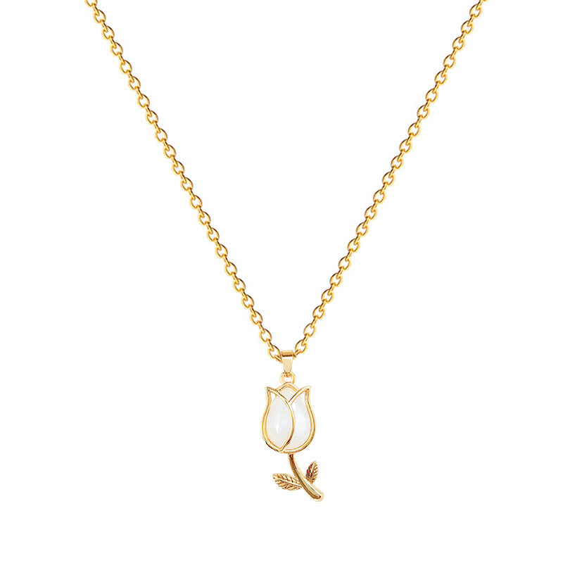 Elegante collar con colgante de tulipán blanco en acero de titanio con incrustaciones de diamantes de imitación para mujer, delicada cadena para la clavícula