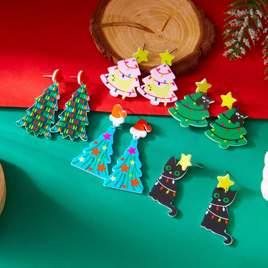 Orecchini natalizi in acrilico a forma di albero di Natale con motivi di Babbo Natale e fiocchi di neve per donna