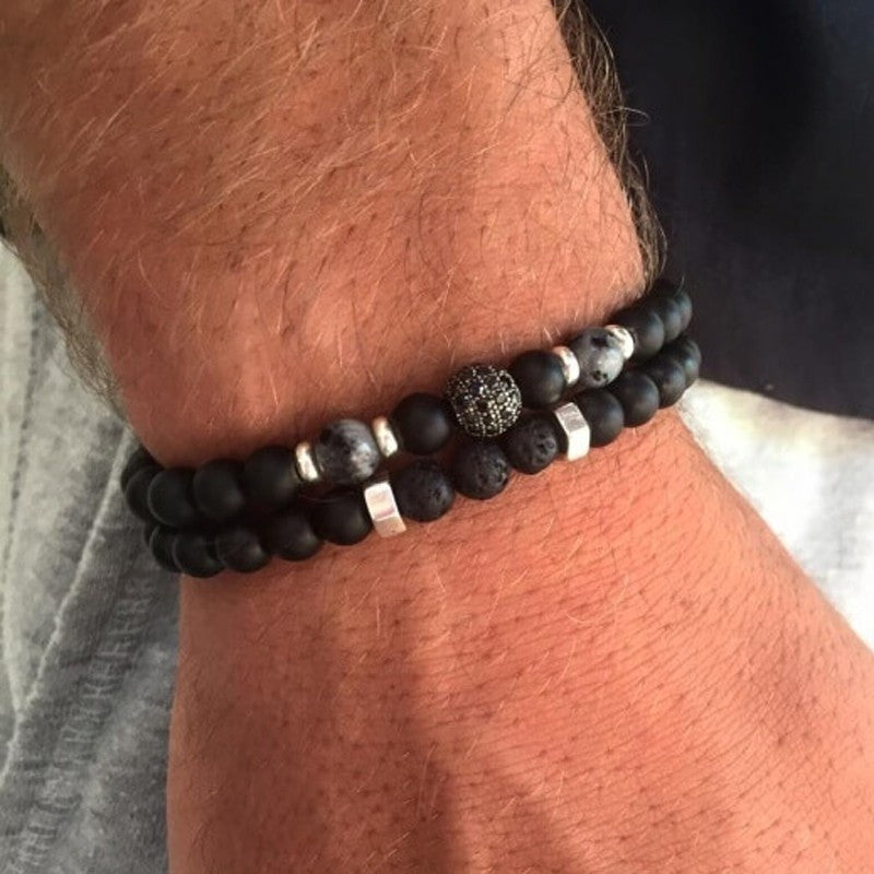 Matte Black Volcanic Stone and Brass Beaded Bracelet with Micro-set Cubic Zirconia, Geometric Round Design for Unisex