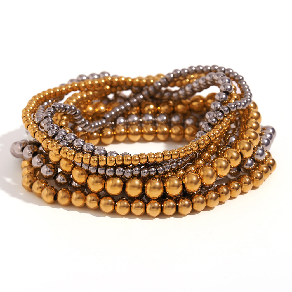 Pulsera elástica de cuentas de acero inoxidable chapada en oro de 18 quilates con diseño geométrico minimalista para mujer