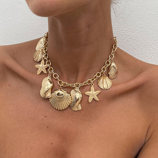 Collar de aleación con colgante en forma de estrella, borla y acabado chapado, estilo vacaciones, para mujer