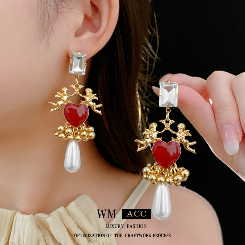 Vintage Heart-Shaped Enamel Alloy Stud Earrings with Tassel Accents for Women