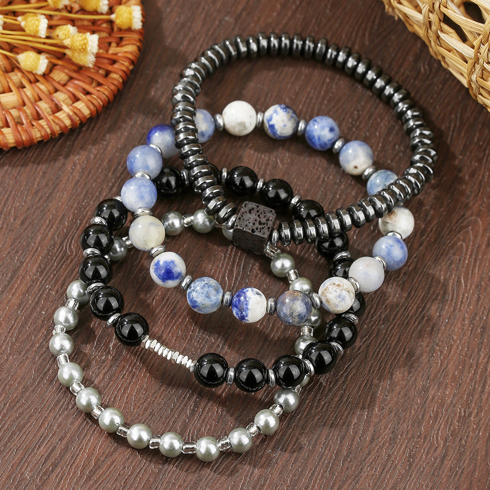Vintage Men's Geometric Hand-beaded Bracelet with Black Agate, Hematite and Pearl Beads