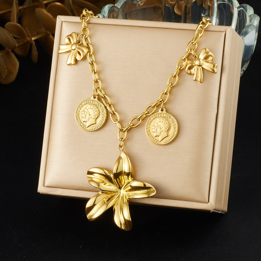 Chic Gold Plated Floral Bow Stainless Steel Pendant Necklace with Cable Chain