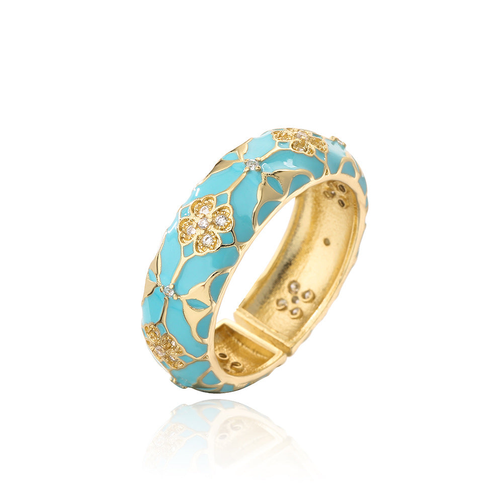 Bohemian Vintage Geometric Open Ring for Women in Copper with 18K Gold Plating and Enamel Finish