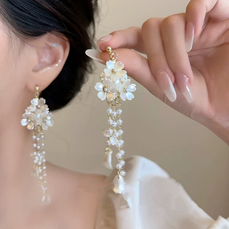 Eleganti Orecchini Pendenti Floreali con Perle e Strass in Argento 925, Stile Lusso Artigianale da Donna