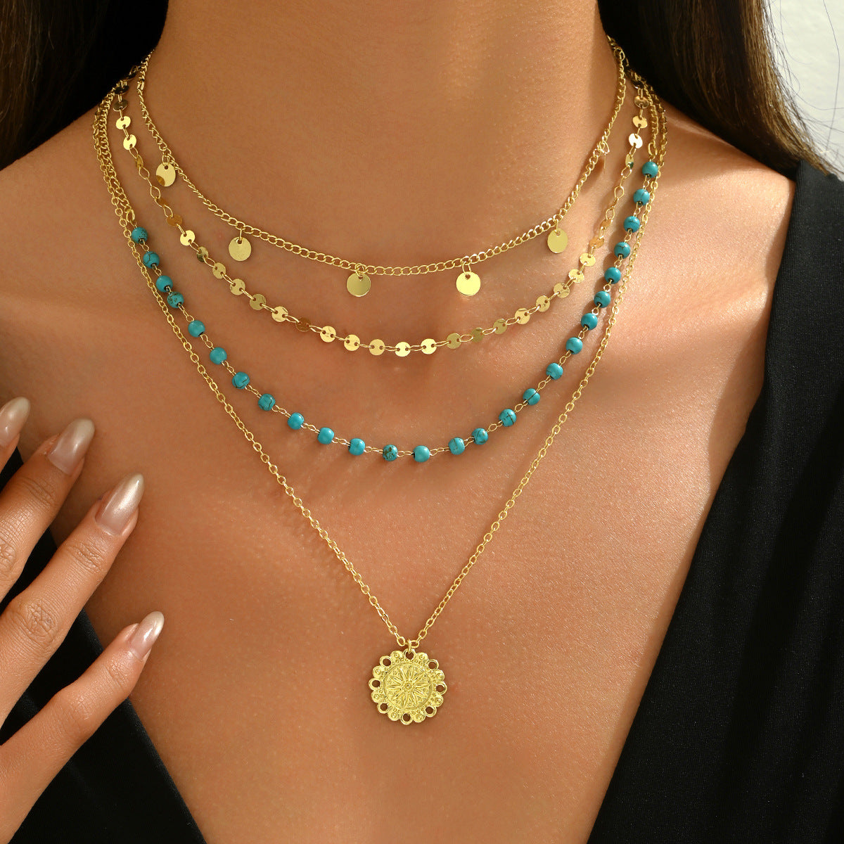 Geometric Floral Turquoise Inlay Pendant Necklace for Women with Multi-Layer Clavicle Chain in Zinc Alloy