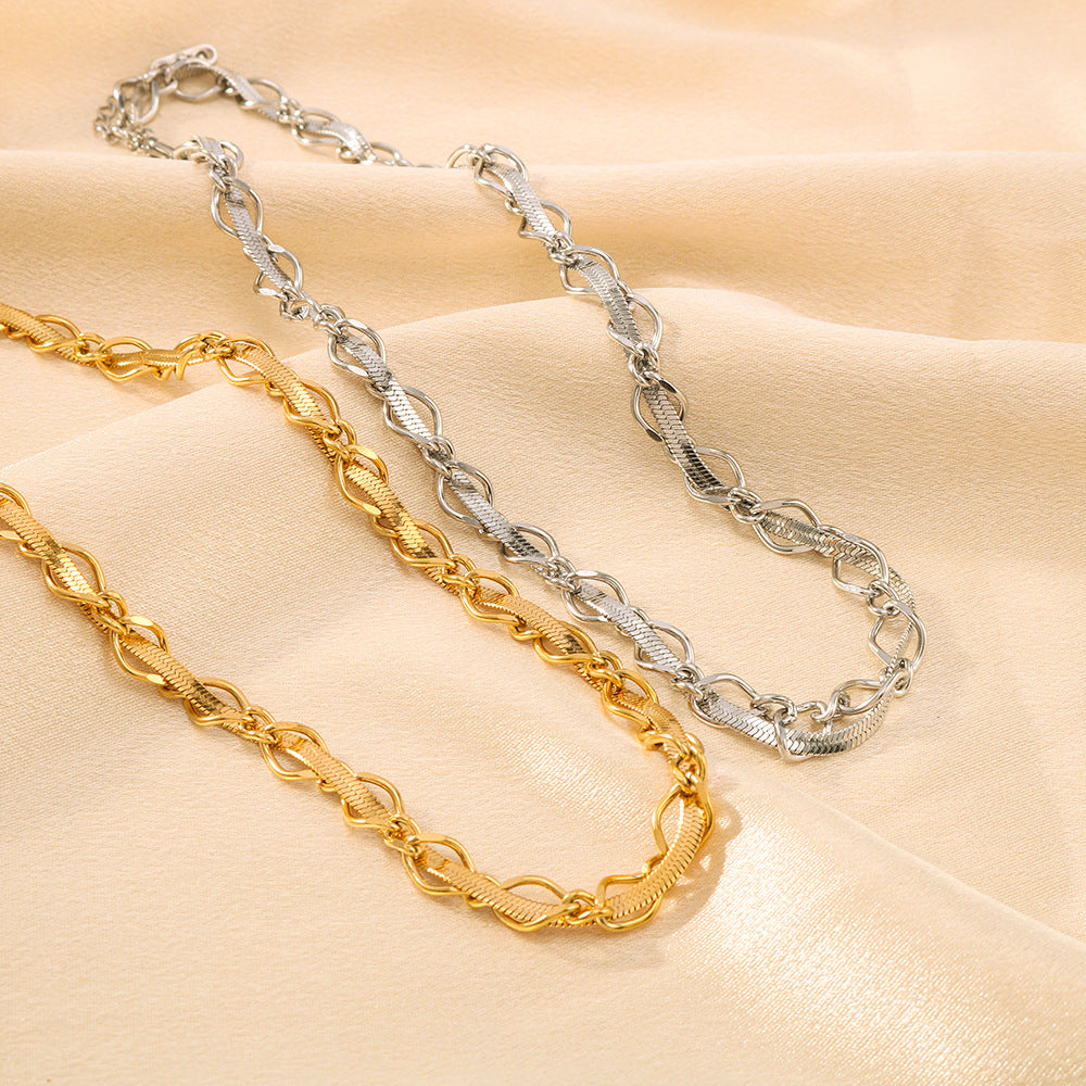 INS Style Geometric Flat Snake Chain Necklace and Bracelet Set in Stainless Steel with 18K Gold Plating for Women