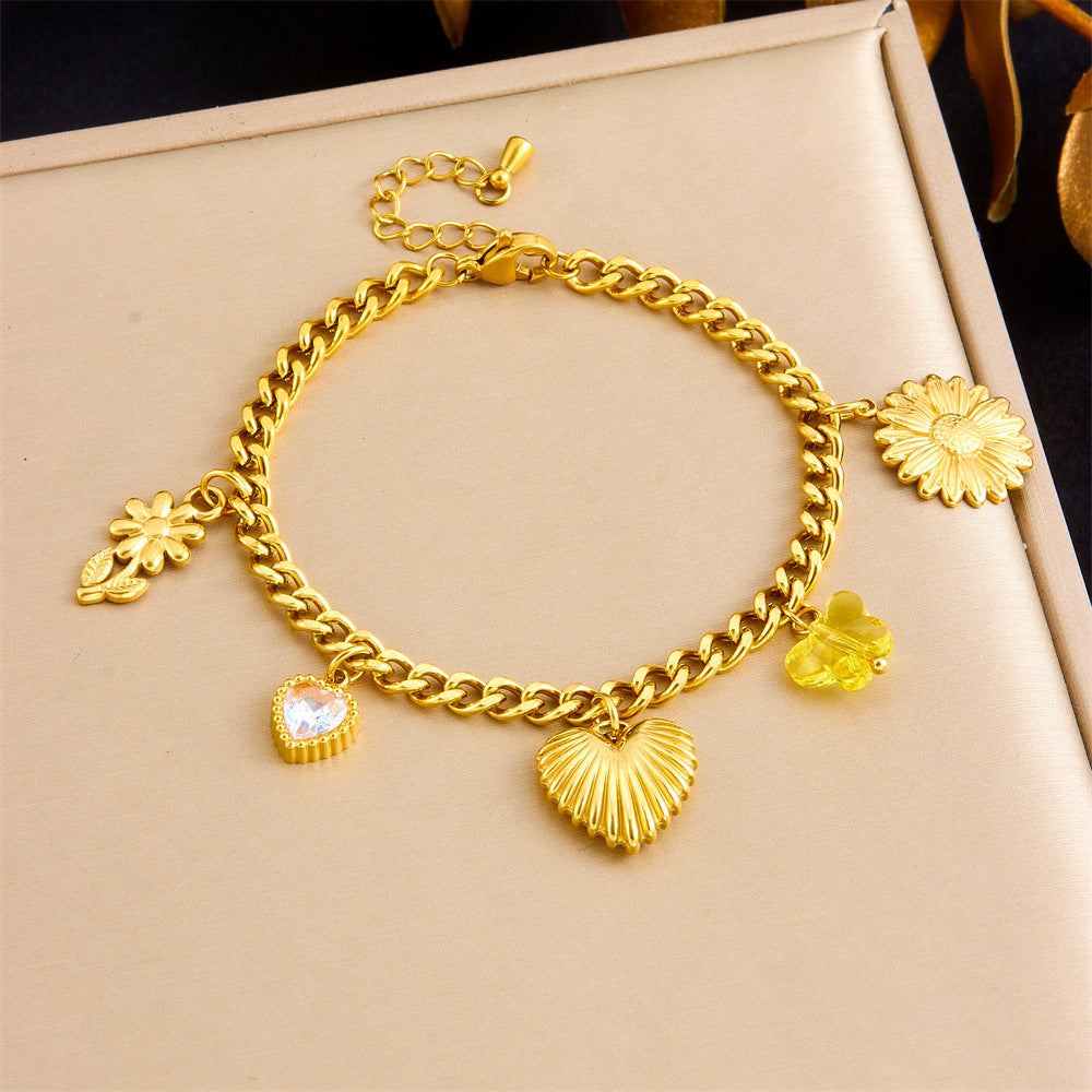 Elegant Gold Plated Stainless Steel Heart and Floral Charm Serpentine Chain Bracelet for Women