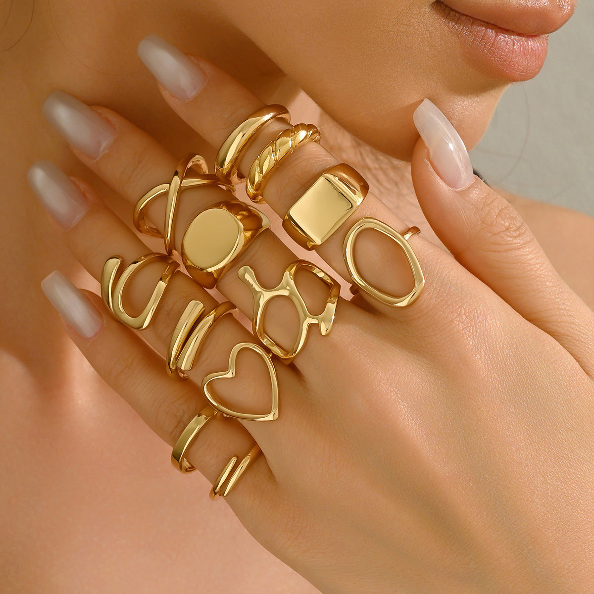 Conjunto de anillos con diseño de líneas geométricas para mujer, de aleación de zinc galvanizada, anillos de banda abierta ajustables con formas circulares y ovaladas