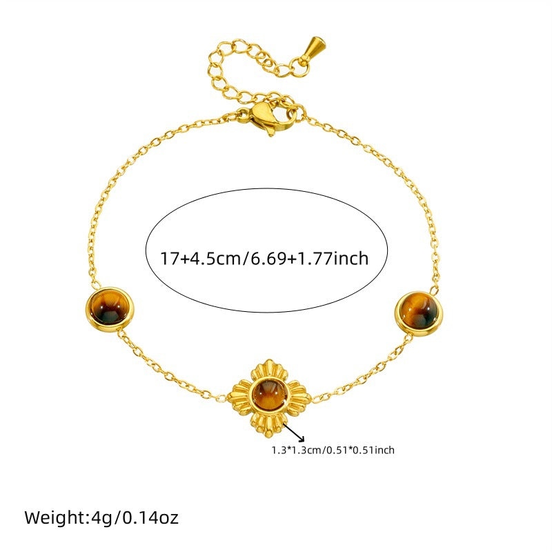 Fashion Gold Plated Stainless Steel Floral Tiger Eye Agate Necklace and Bracelet Set for Women