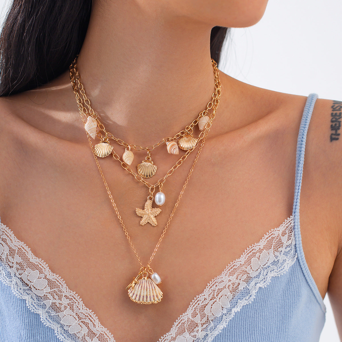 Bohemian Vintage Multi-Layer Plated Alloy Geometric Shell Starfish Pendant Necklace for Women