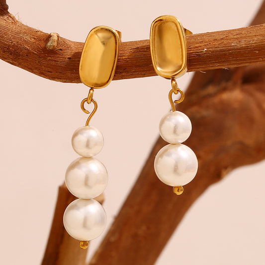 Aretes de Perlas Asimétricos Vintage de Moda en Acero Inoxidable con Baño de Oro de 18K para Mujer