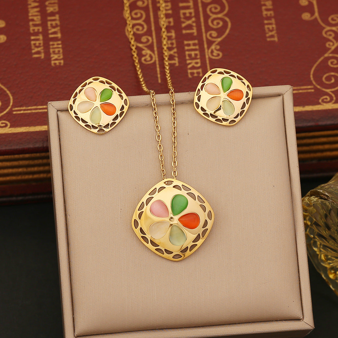 Vintage Geometric Hollow Square Cat's Eye Necklace Set in Stainless Steel with Plated Finish for Women