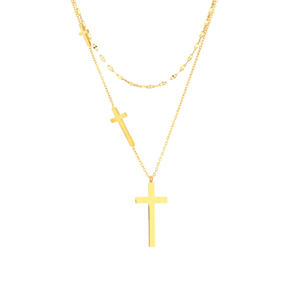 Elegante Collar de Acero de Titanio con Colgante de Cruz para Mujer con Baño de Oro de 18K, Cadena Doble O y Diseño Geométrico