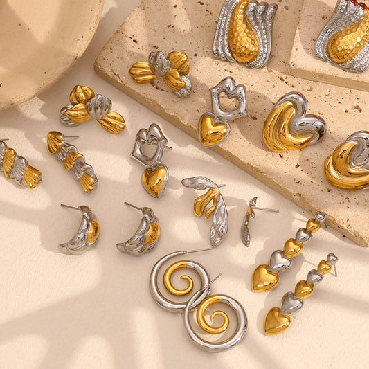 Orecchini Geometrici Minimalisti in Acciaio Inossidabile con Placcatura in Oro 18K, Design Bocca Bicolore e Albero di Natale per Donna
