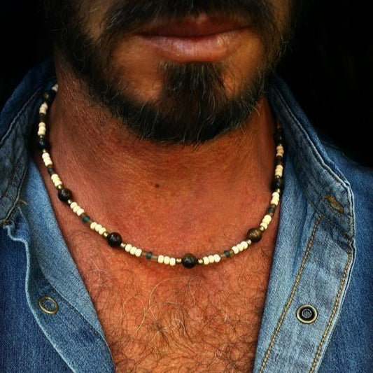 Vintage Geometric Round Seed Beads Tiger's Eye Handmade Leather Cord Necklace Unisex